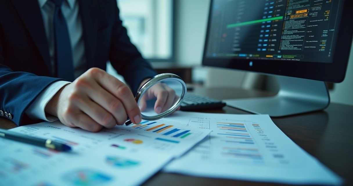 Accountant analyzing financial documents with magnifying glass and computer screen showing suspicious transactions