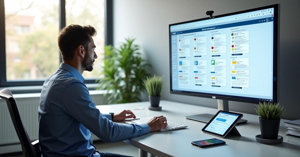 Accountant reviewing digital documents on a high-resolution computer screen in modern office