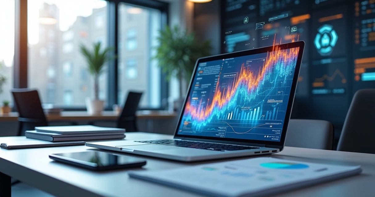 Modern office desk with laptop displaying AI-powered accounting software and digital financial data charts