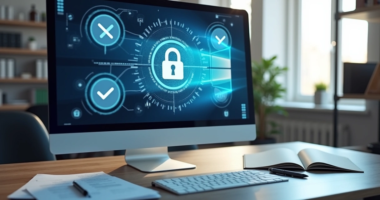 Modern office desk with computer screen showing data security and compliance icons, digital lock overlays, and organized documents