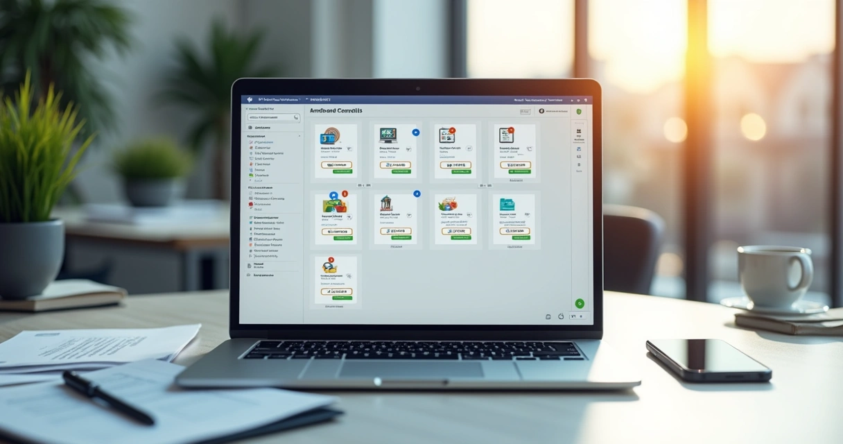Laptop screen showing a digital document upload interface with various financial files and notifications