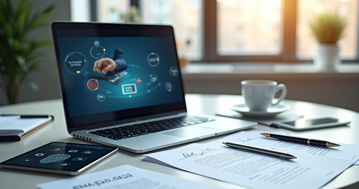 Desk with laptop showing digital signature interface and secure documents organized around