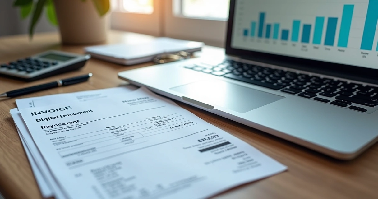 Desk with organized accounting documents, laptop displaying upload interface, and calculator