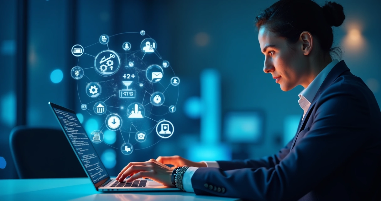 Accountant working on laptop with multiple app icons floating around on blue digital background