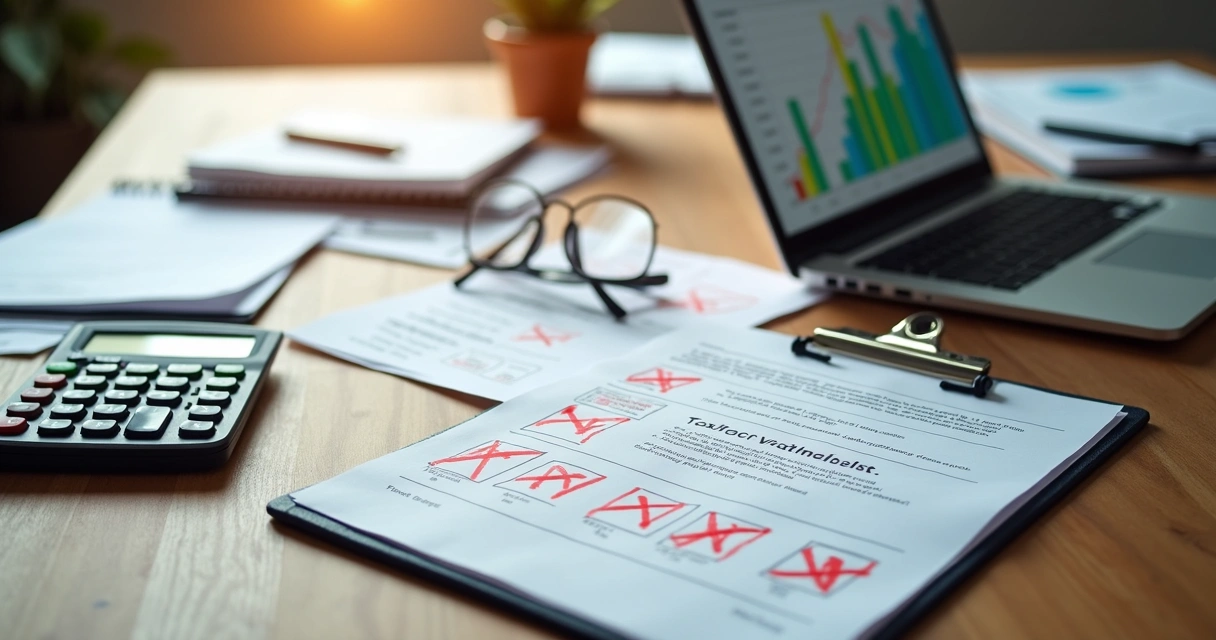Overhead view of an office desk with tax documents scattered around, a calculator, eyeglasses, a filled checklist with red error marks, and a laptop showing financial charts
